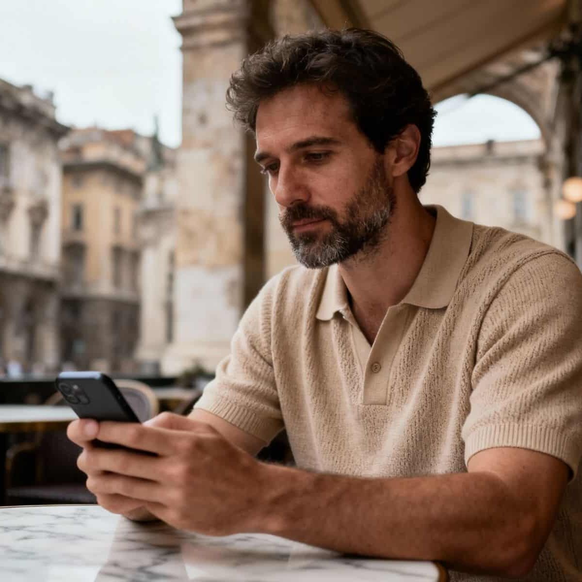 Relaxed man at a cafe enjoying leisure time, symbolizing success through disciplined trading and precise signals.