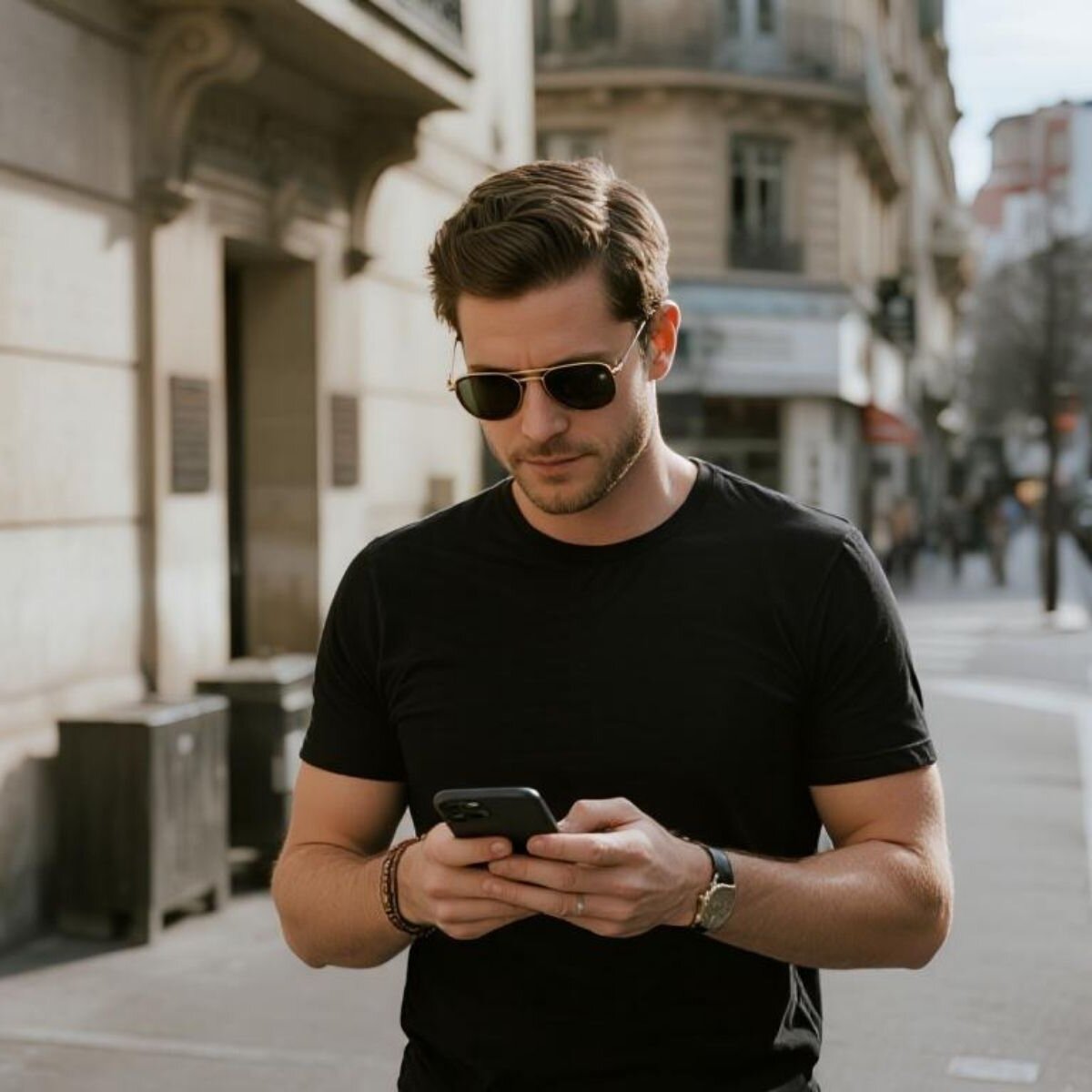 Calm trader embodying luxury understatement as a counterpoint to hectic markets, relying on verified trading signals.