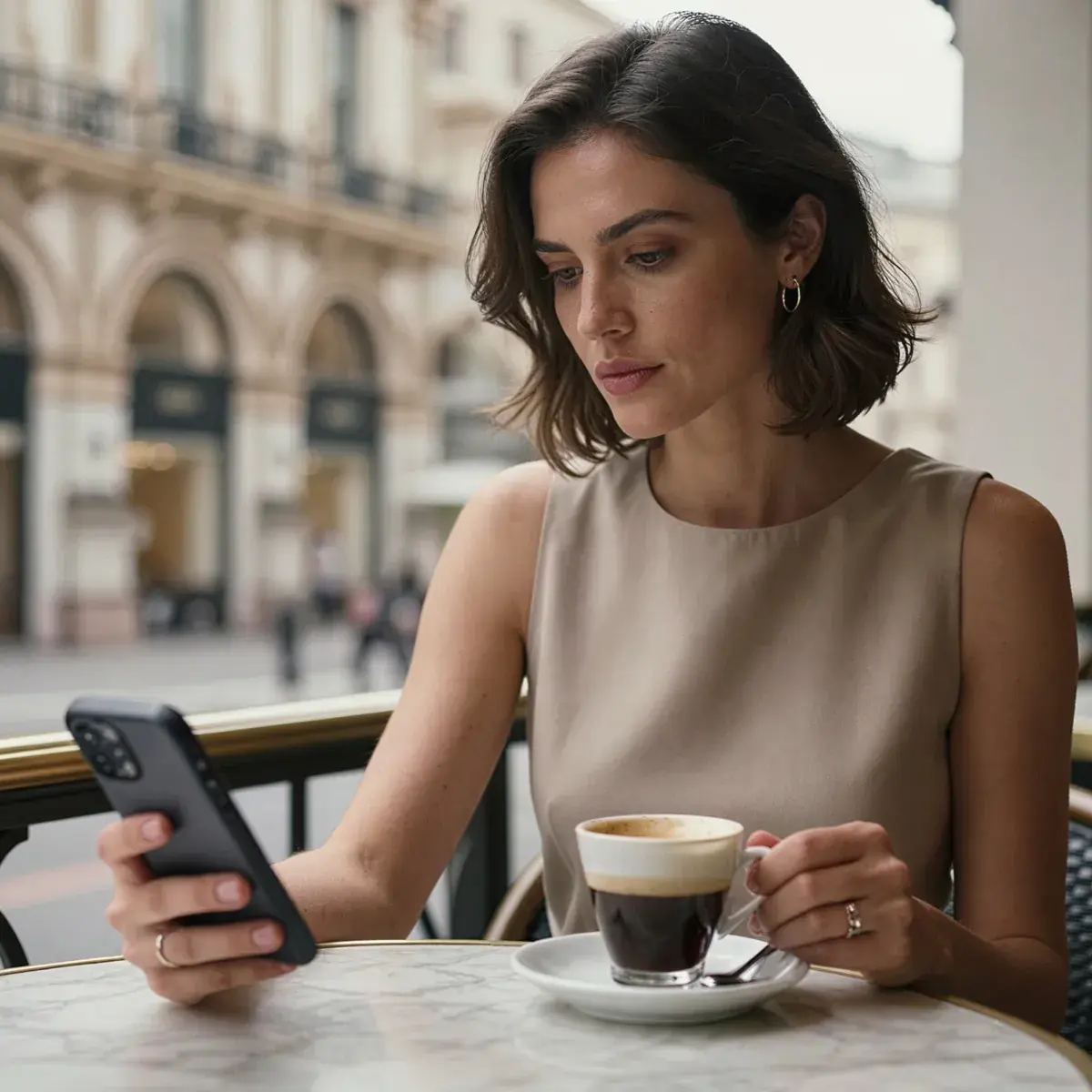 Clara drinking coffee while checking her stock portfolio in Ordertune app