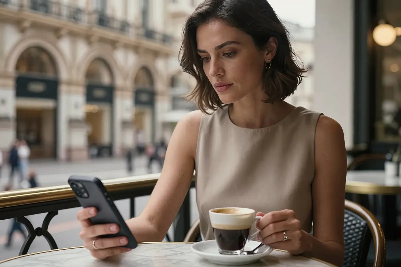 Clara drinking coffee while checking her stock portfolio in Ordertune app