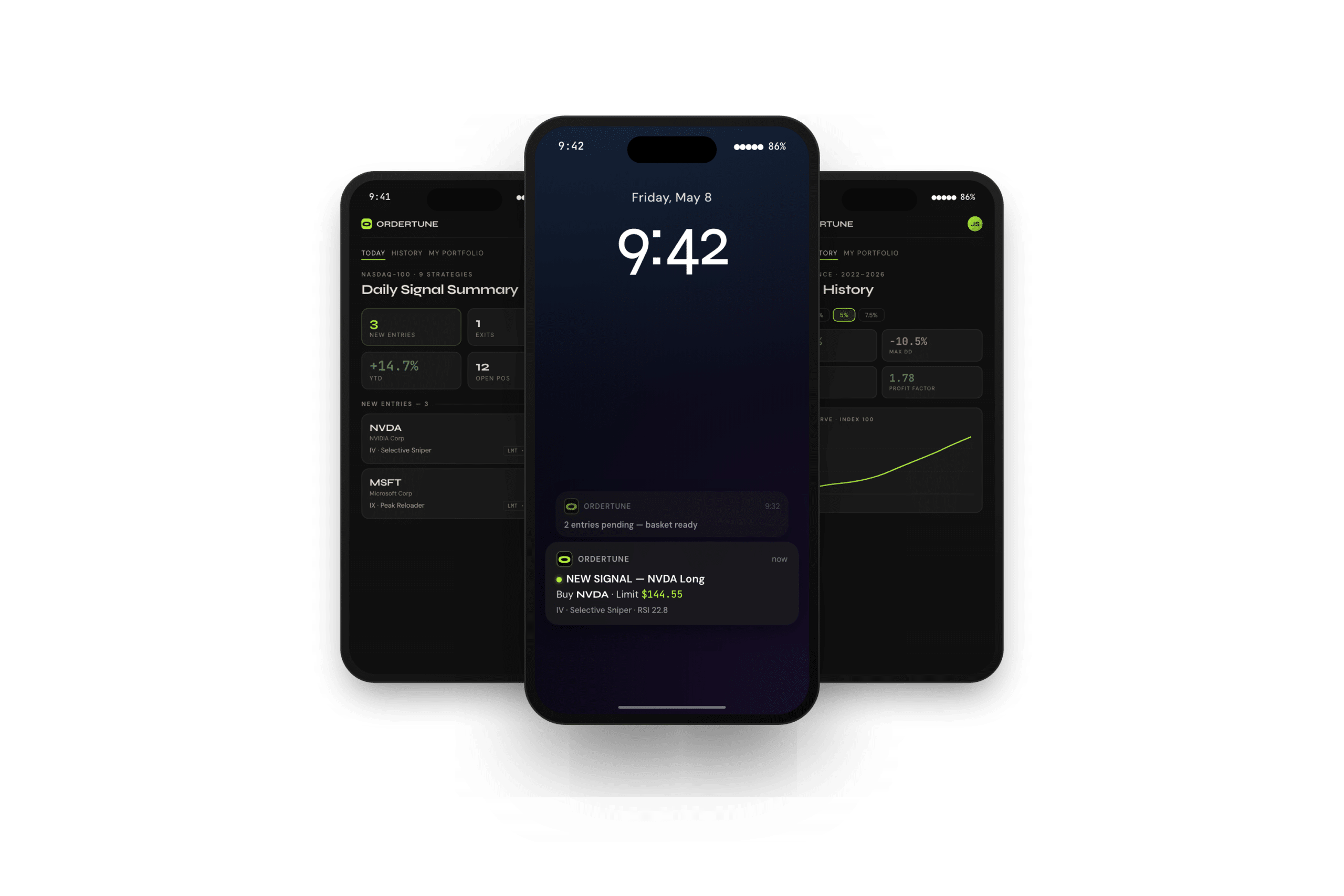 Three iPhones in a hero-stack layout: Ordertune lock screen with NEW SIGNAL push notification in front, Today daily signal summary and History equity curve in the background